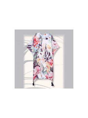 Tropical Floral Tassel Open-Front Kimono Beach Cover Up Cruise Resort One Size